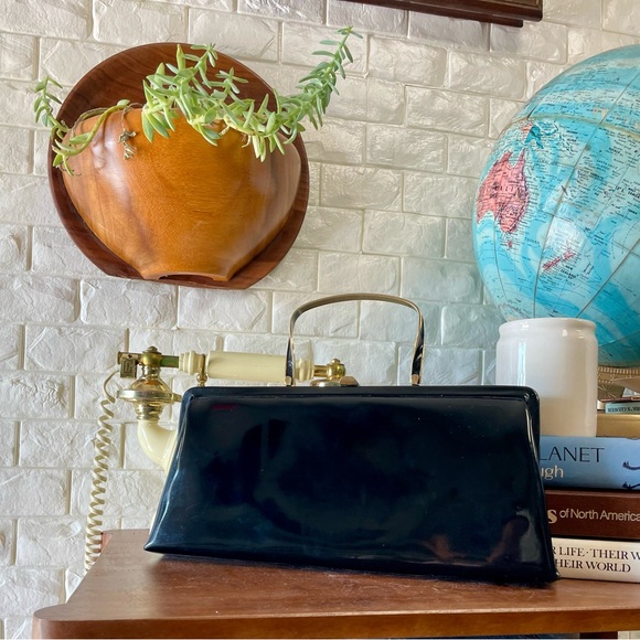 Vintage Handbags - Vintage 1960s Bobbie Jerome Black Patent Leather Metal Top Handle Evening Bag
